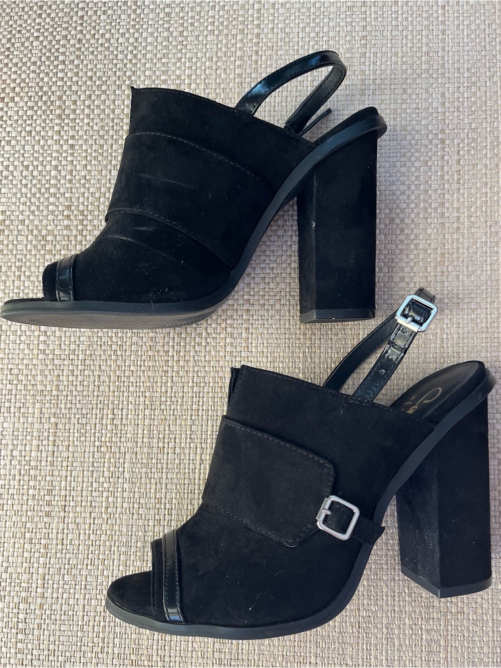 Callisto of California Black Suede Peep-Toe Block Heel Slingback Sandals